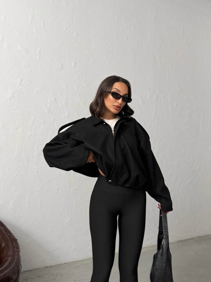 Kadın Siyah Deri Kemerli Ceket - Görsel 2