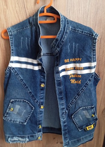 Diğer Renkli Baskılı Kolsuz Denim Ceket