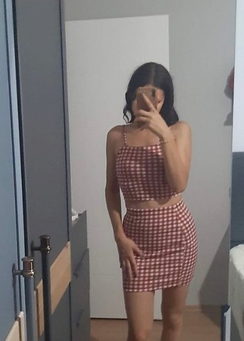Kırmızı Kareli Crop Etek Takım