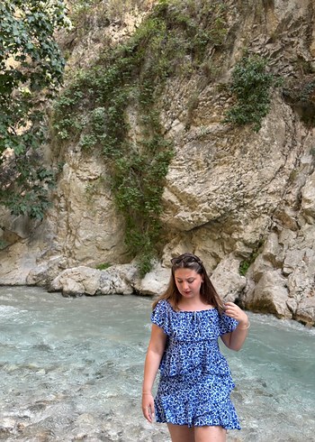 l Beden Mavi Bağcıklı Mini Bohem Tulum Elbise