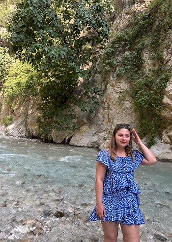 l Beden mavi Renk Mavi Bağcıklı Mini Bohem Tulum Elbise