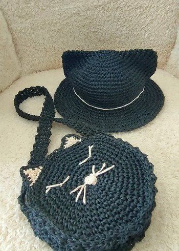 Zara Çocuk için siyah renk örgü kedi kulaklı şapka ve çanta