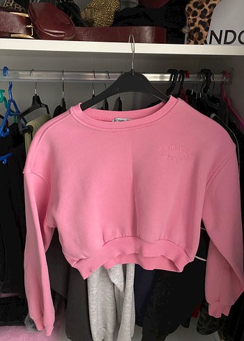 Pembe Crop Sweatshirt, Rahat Kesim, Bisiklet Yaka