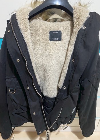 s Beden Siyah Kürklü Street Wear Kadın Mont