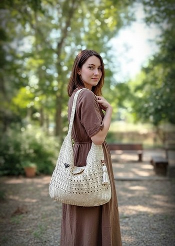 Bej Örgü Dantel Detaylı Kadın Çanta - Görsel 2