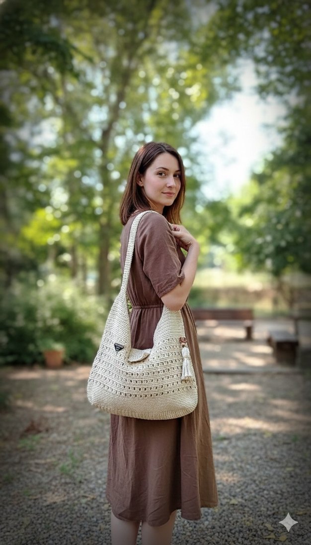 Bej Örgü Dantel Detaylı Kadın Çanta - Görsel 2