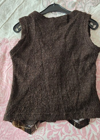 Kahverengi Desenli Örgü Kadın Yelek - Görsel 6