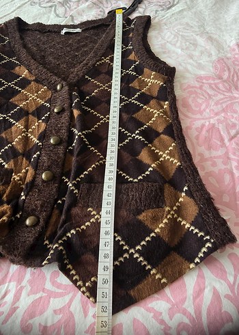 Kahverengi Desenli Örgü Kadın Yelek - Görsel 7