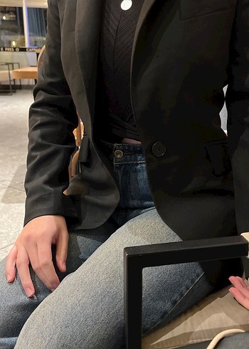 xs Beden Kemer Tokalı Siyah Kadın Skinny Denim blazer