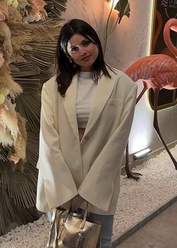 Beyaz Kadın Midi Blazer Ceket