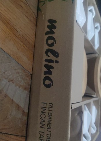 Kabartmalı Beyaz Seramik .bambu tabaklı Fincan takımı - Görsel 4