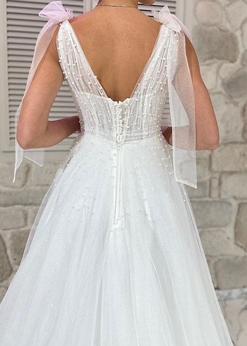 V Yaka Strappy A-Line Gelinlik - Görsel 2