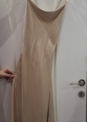 Bej Drapeli Uzun Kadın Elbise - Görsel 3