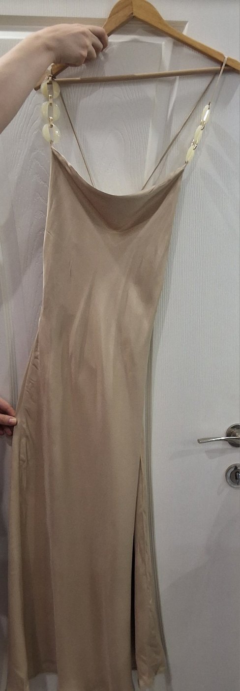 Bej Drapeli Uzun Kadın Elbise - Görsel 2