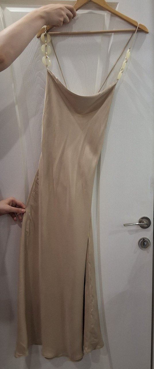 Bej Drapeli Uzun Kadın Elbise - Görsel 3