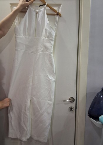 Beyaz Straplez Midi Kumaş elbise - Görsel 5