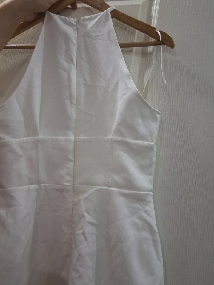 Beyaz Straplez Midi Kumaş elbise - Görsel 4