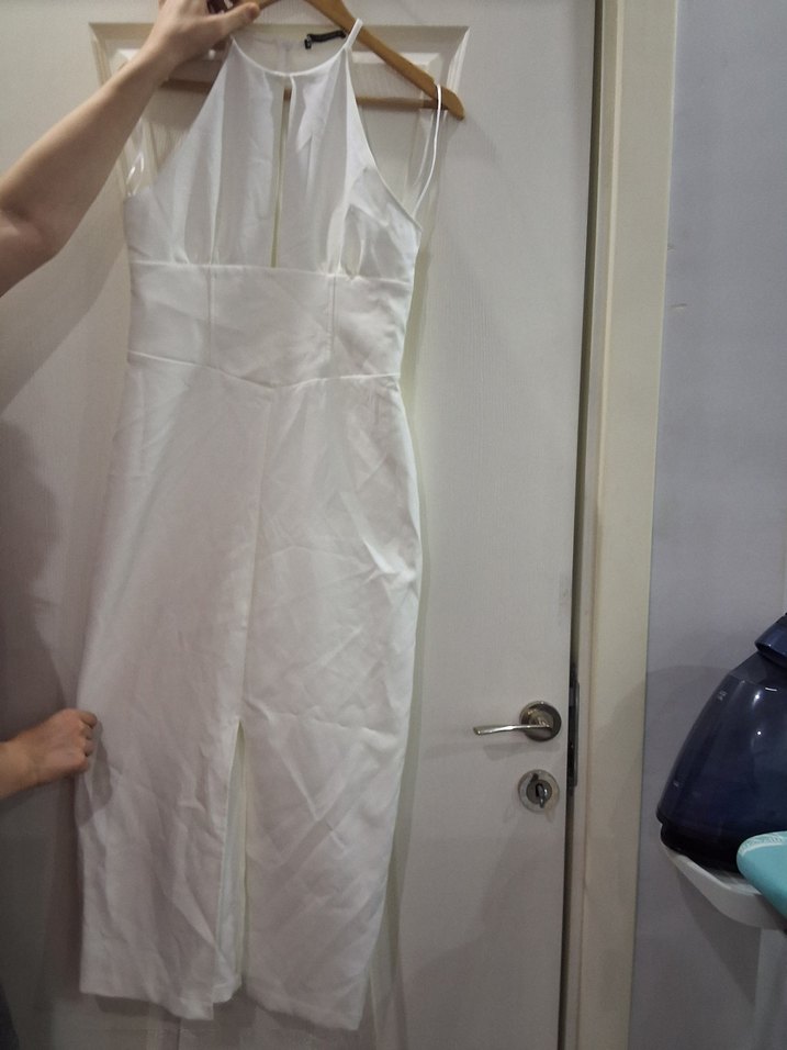 Beyaz Straplez Midi Kumaş elbise - Görsel 5