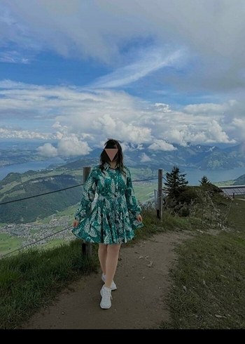 Turkuaz Bağcıklı V Yaka Mini Bohem Elbise - Görsel 3