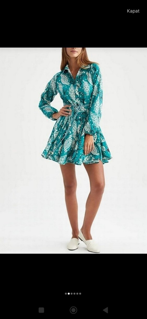 Turkuaz Bağcıklı V Yaka Mini Bohem Elbise - Görsel 2