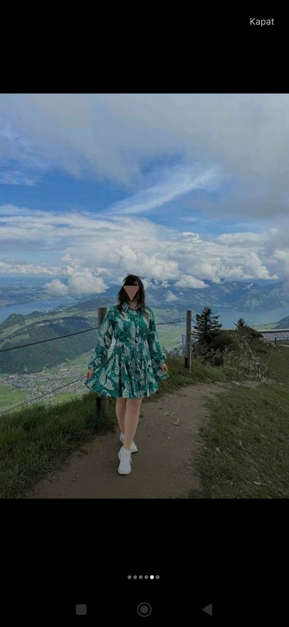 Turkuaz Bağcıklı V Yaka Mini Bohem Elbise - Görsel 3