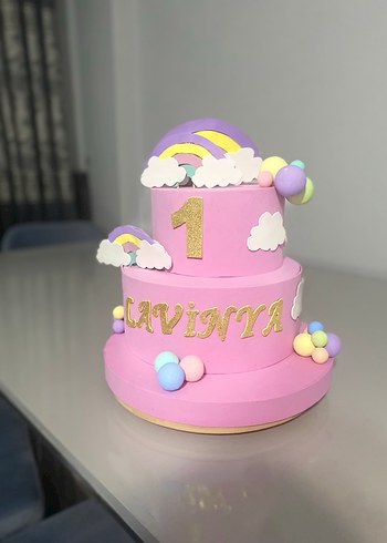 Pembe Pastel İlk Yaş Pastası Süslemeli - Görsel 2