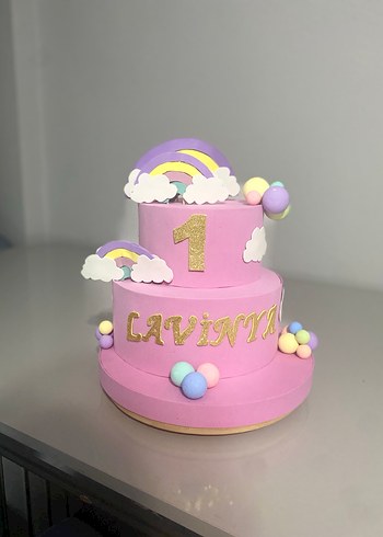 Pembe Pastel İlk Yaş Pastası Süslemeli - Görsel 3