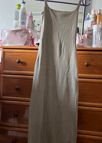 Bej Keten Uzun İnce Askılı Elbise - Görsel 2