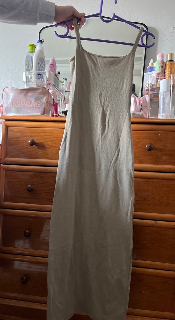 Bej Keten Uzun İnce Askılı Elbise - Görsel 2