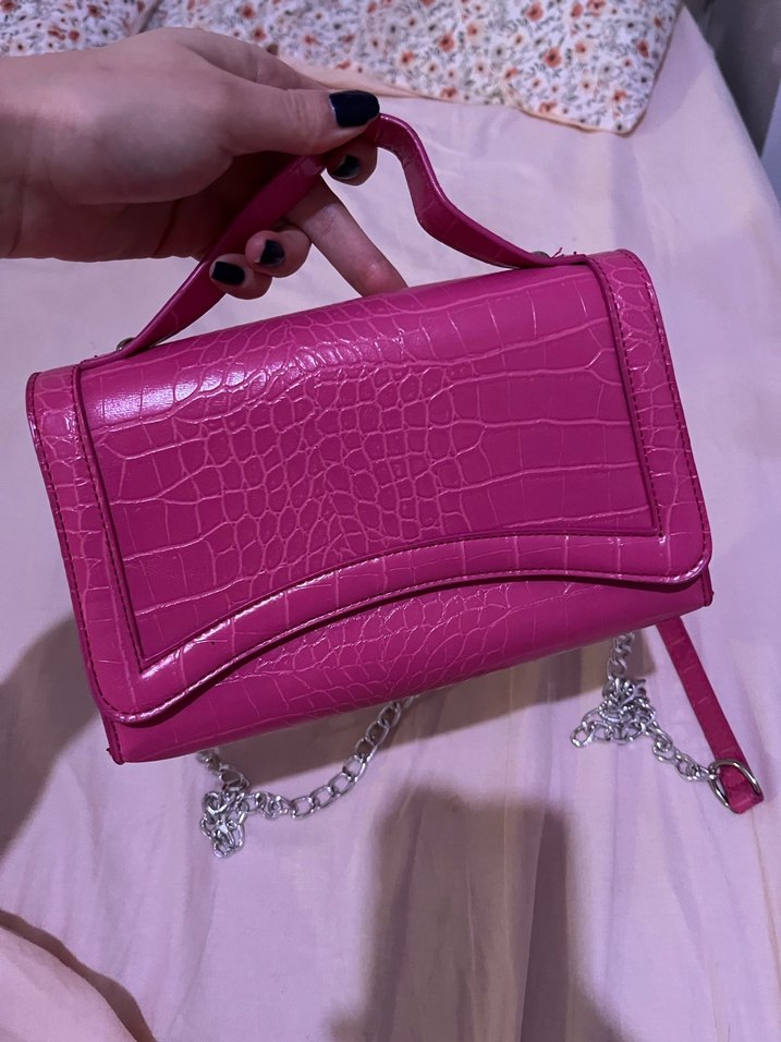 Zincir Detaylı Pembe Yılan Desenli Deri Çanta - Görsel 2