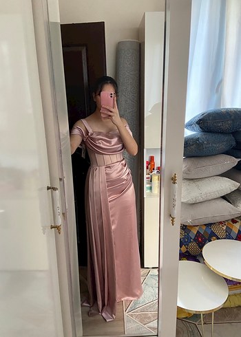 Pembe Drapeli Uzun Abiye Elbise