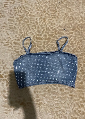 Payetli İp Askılı Kot Crop Top