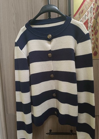 Düğmeli Uzun Kollu Çizgili Kadın Hırka - Görsel 2