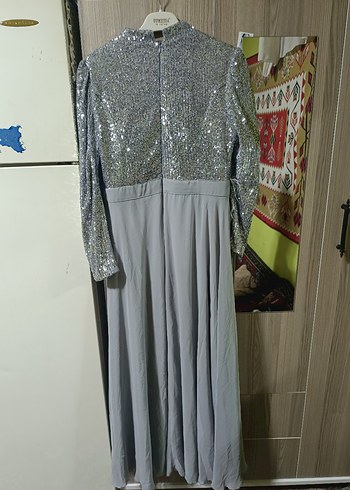 Uzun Kollu Gri Payetli Abiye Elbise - Görsel 4