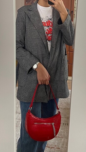 l Beden gri Renk Ekose oversize blazer ceket