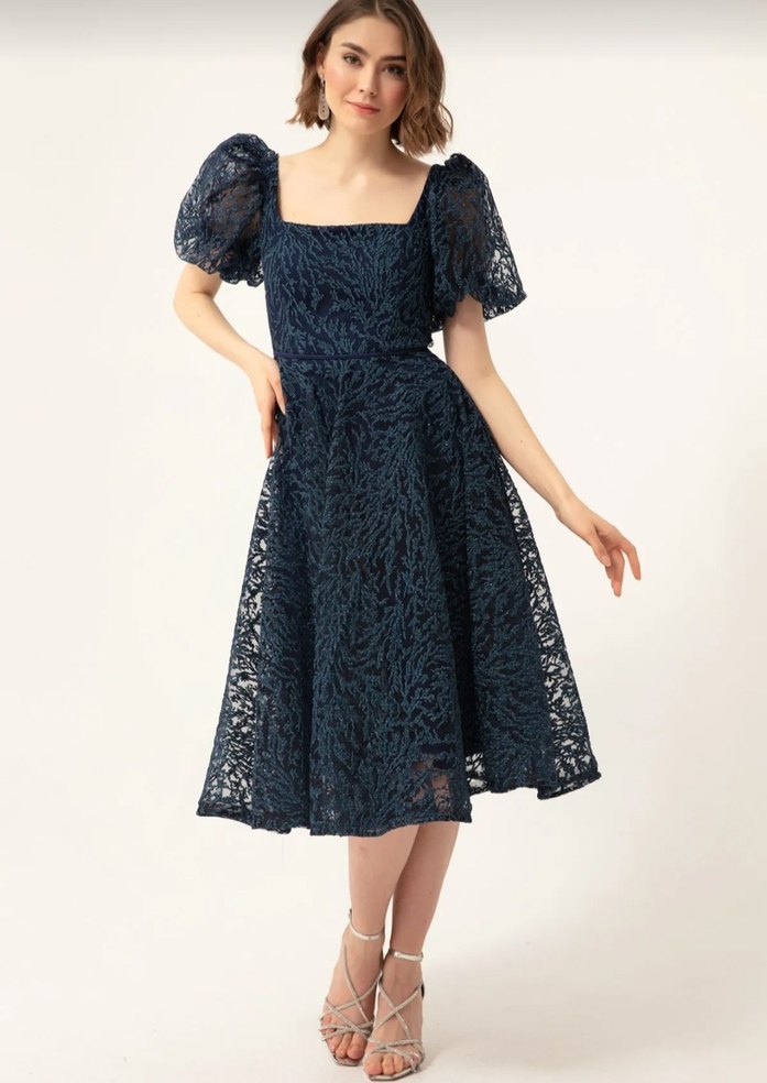Lacivert Dantel Balon Kol Midi Elbise - Görsel 2