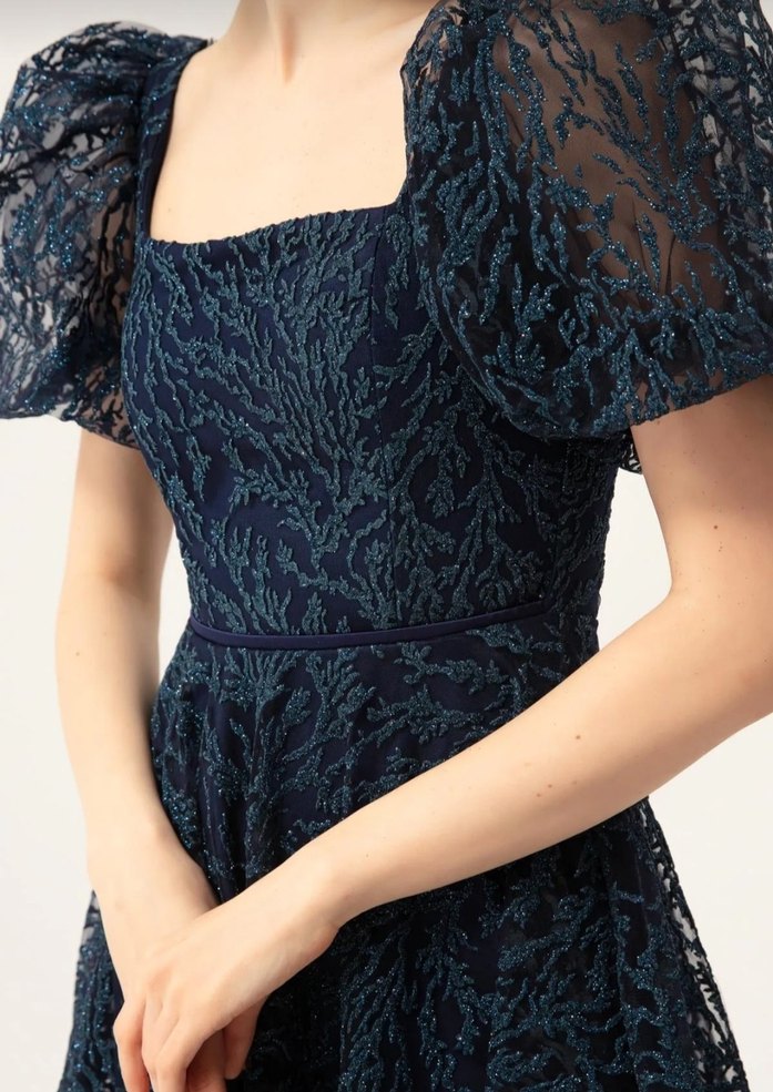 Lacivert Dantel Balon Kol Midi Elbise - Görsel 3