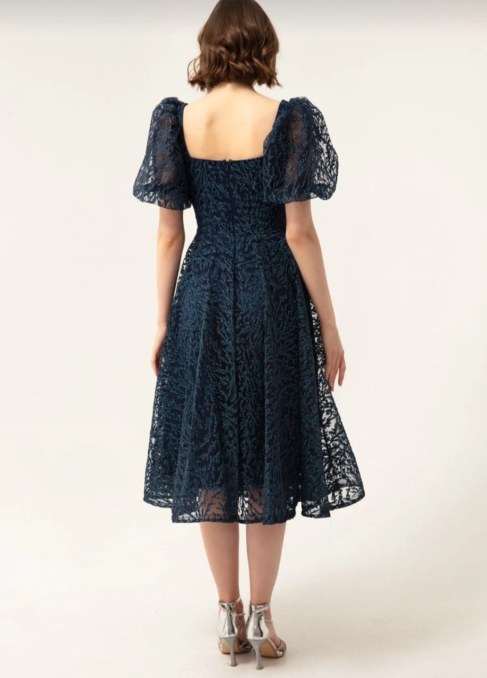 Lacivert Dantel Balon Kol Midi Elbise - Görsel 4