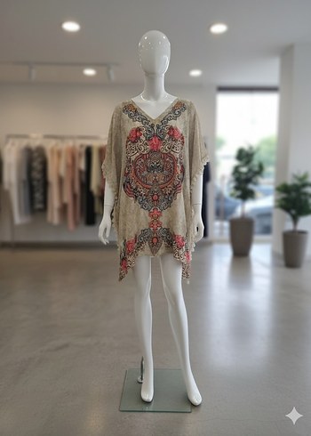 Nakışlı ve Boncuk Detaylı Bohem V-Yaka Tül Tunik