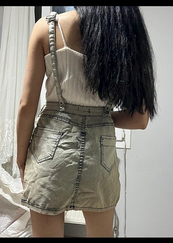 Kemerli Bej Kadın Kot Mini Salopet - Görsel 2