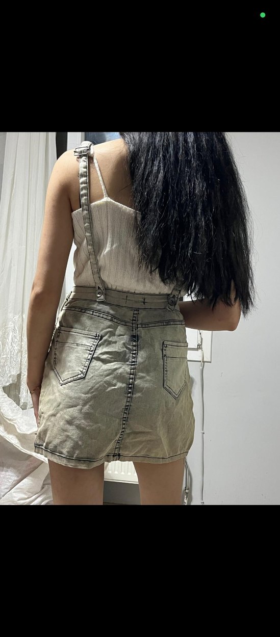 Kemerli Bej Kadın Kot Mini Salopet - Görsel 2