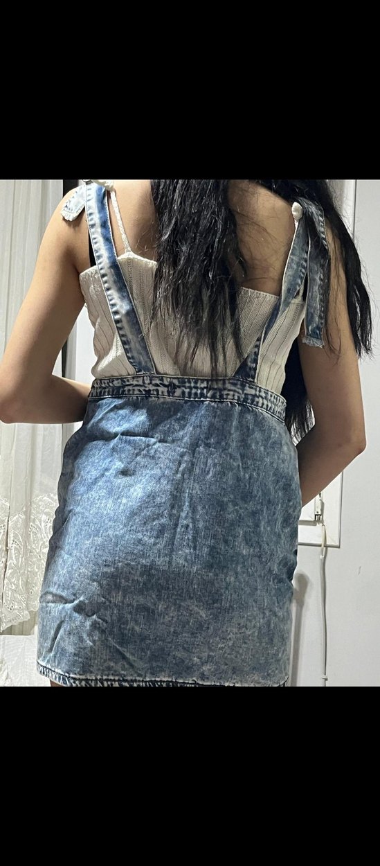 Mavi Batik Desenli Denim Kısa Salopet - Görsel 2