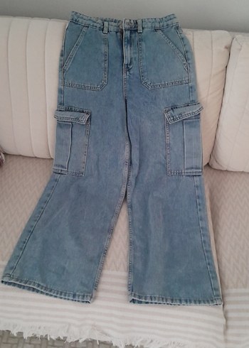 çocuk Mavi Beli Kemerli Geniş Paça Kot Pantolon