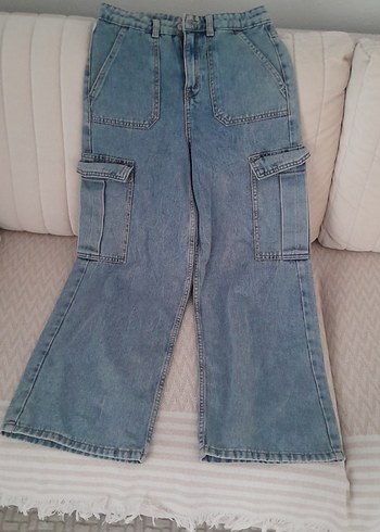 11-12 Yaş Beden çocuk Mavi Beli Kemerli Geniş Paça Kot Pantolon