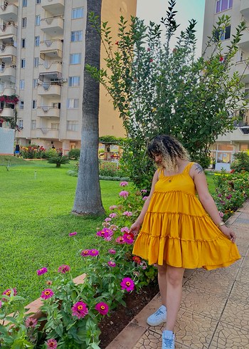 Diğer Sarı Fırfırlı Bohem Midi Elbise