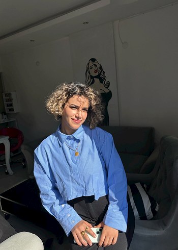 Mavi crop Düğmeli Kadın Gömlek