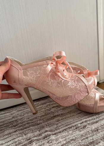 Dantel Detaylı Pembe Topuklu Kadın Ayakkabı - Görsel 5