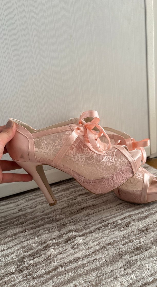 Dantel Detaylı Pembe Topuklu Kadın Ayakkabı - Görsel 5