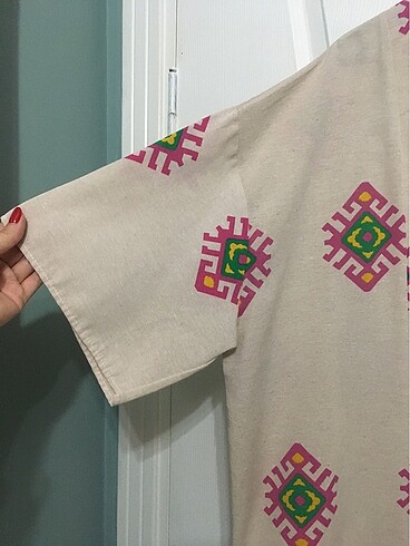 m Beden ten rengi Renk Desenli Keten Şortlu Kimono Takım