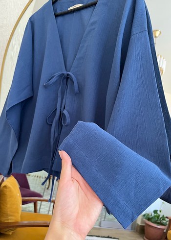 m Beden Mavi Pamuklu Uzun Kollu Kimono